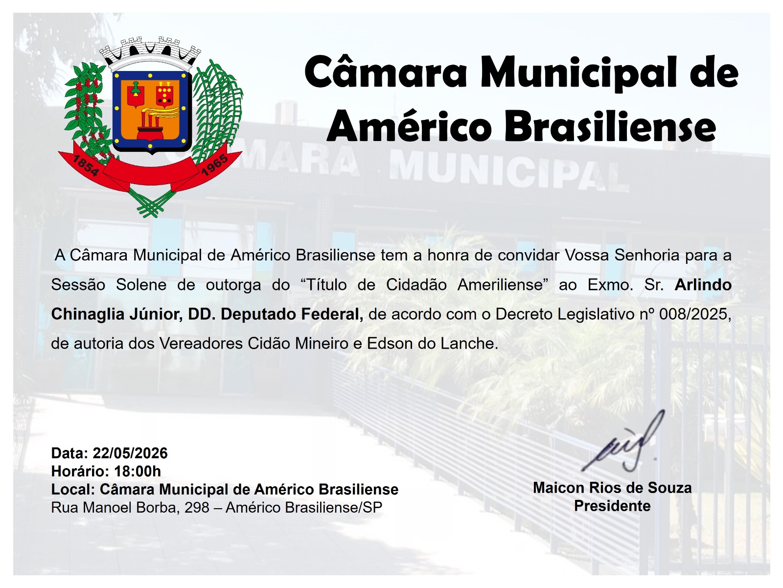Sessão Solene – Título de Cidadão Ameriliense ao Exmo. Sr. Arlindo Chinaglia Júnior, DD. Deputado Federal