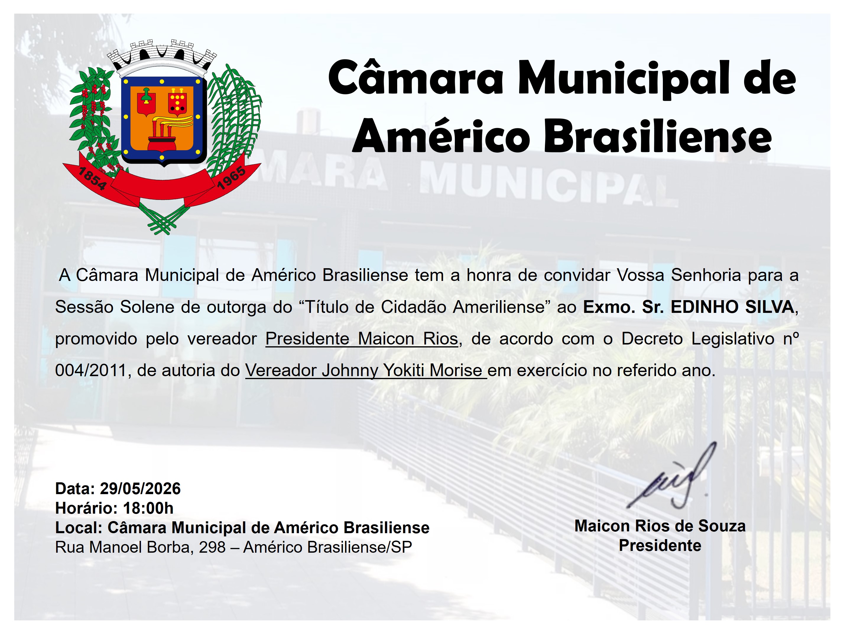 Sessão Solene – Título de Cidadão Ameriliense ao Exmo. Sr. Edinho Silva